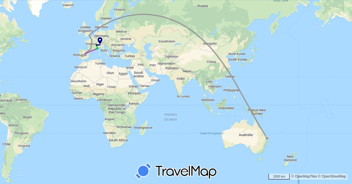 TravelMap itinerary: driving, bus, plane, train in Australia, Spain, France, United Kingdom, Italy (Europe, Oceania)